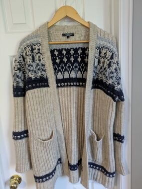 Gemelli Beige Fair Isle Open-Front Cardigan with Navy Accent